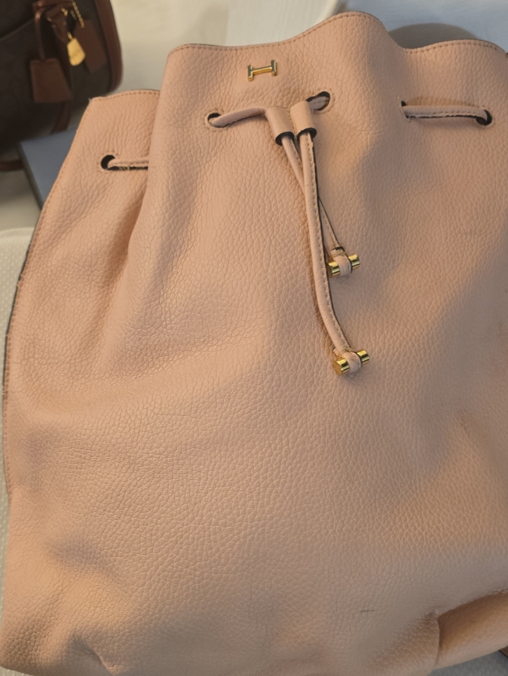 Halston Pink Leather Drawstring Bucket Bag